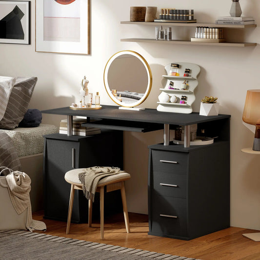 Bureau informatique de 47 pouces avec plateau pour clavier et tiroirs de rangement, table de poste de travail pour bureau à domicile avec étagères de rangement