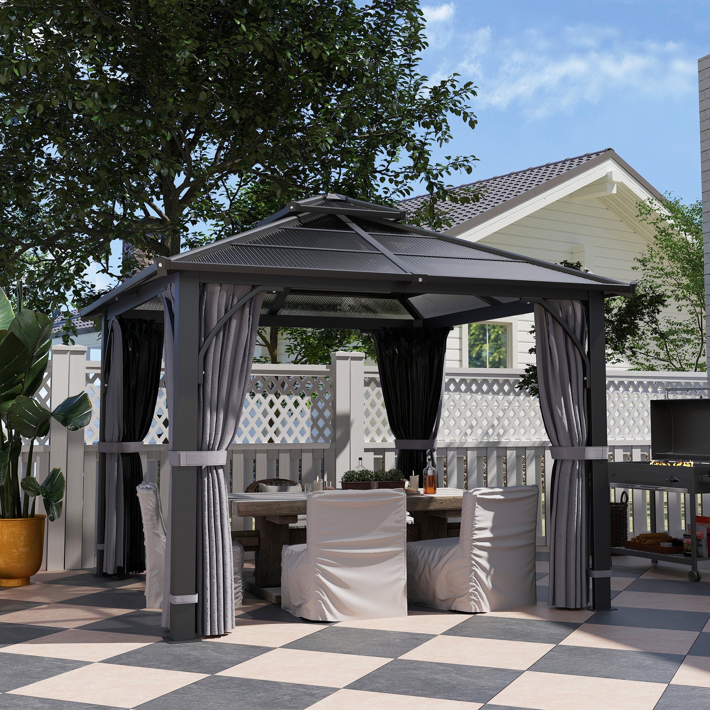 Gazebo rigide avec toit double en polycarbonate de 7 mm, gazebo d'extérieur avec moustiquaire et rideaux, gris foncé