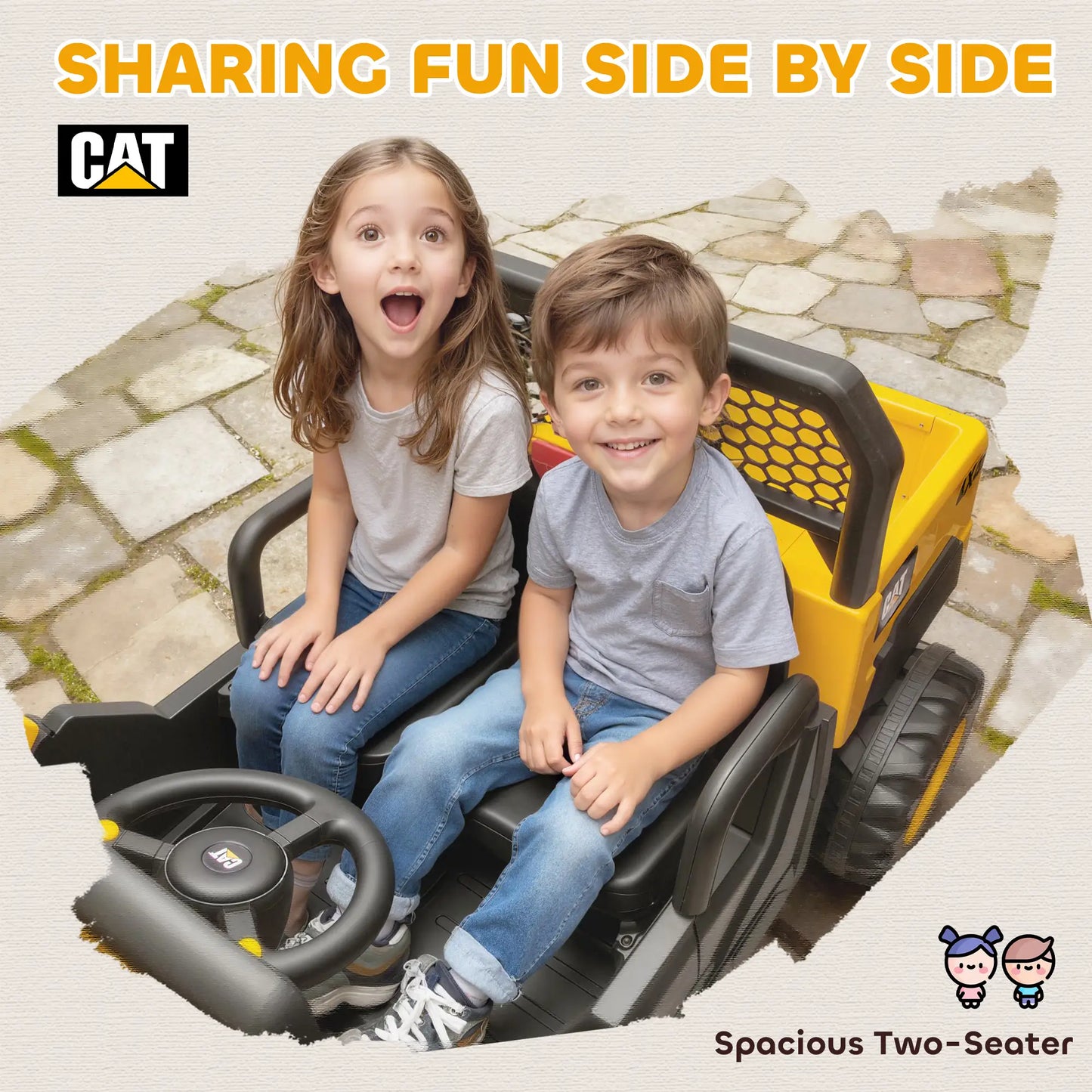 Tracteur électrique Caterpillar 24 V pour enfants, 4x4, 2 places, sous licence, avec télécommande et benne basculante, jaune.