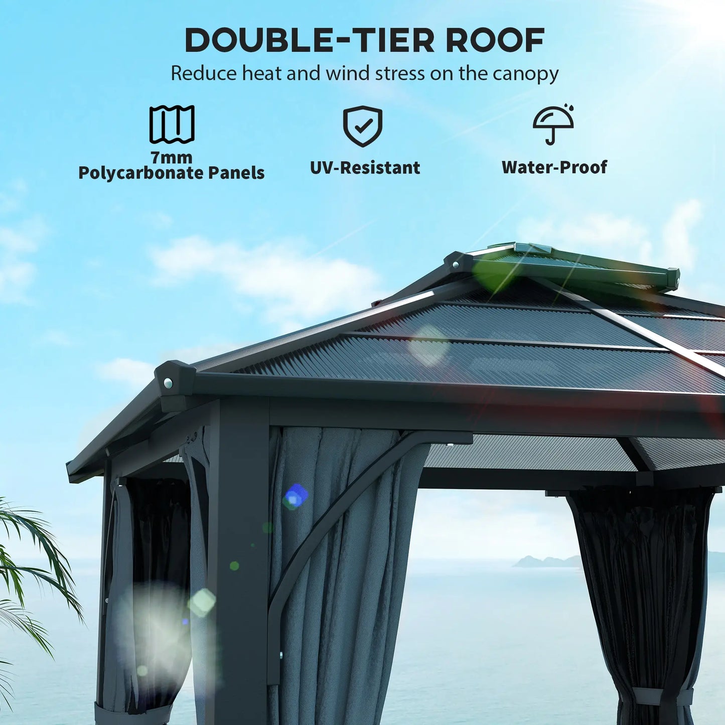 Gazebo rigide avec toit double en polycarbonate de 7 mm, gazebo d'extérieur avec moustiquaire et rideaux, gris foncé