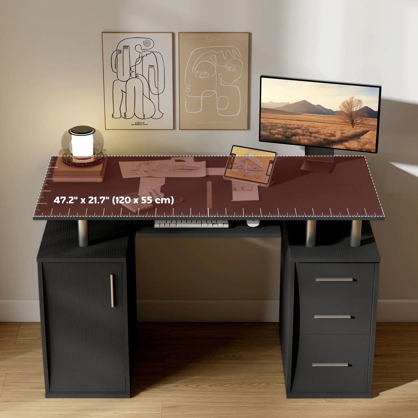 Bureau informatique de 47 pouces avec plateau pour clavier et tiroirs de rangement, table de poste de travail pour bureau à domicile avec étagères de rangement