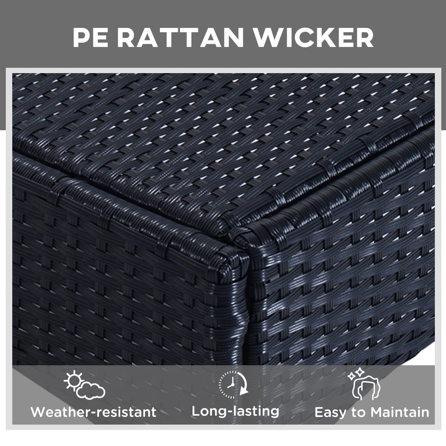 Ensemble de salon de jardin en rotin blanc comprenant une chaise longue à roulettes en osier et une table avec plateau en verre trempé.