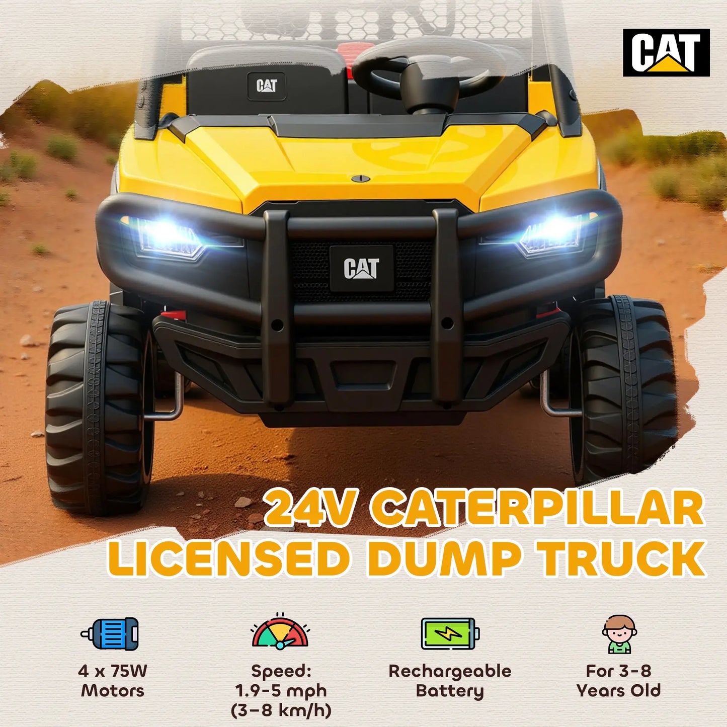 Tracteur électrique Caterpillar 24 V pour enfants, 4x4, 2 places, sous licence, avec télécommande et benne basculante, jaune.