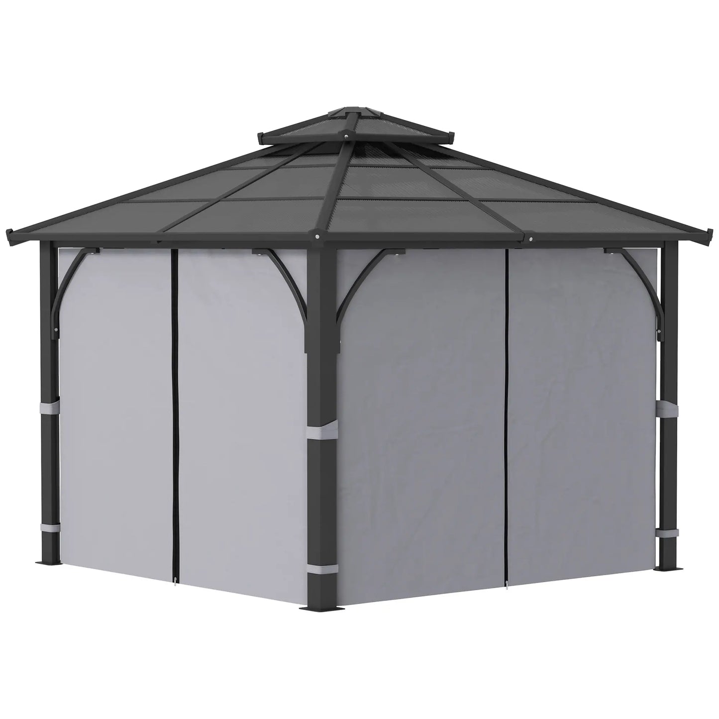 Gazebo rigide avec toit double en polycarbonate de 7 mm, gazebo d'extérieur avec moustiquaire et rideaux, gris foncé