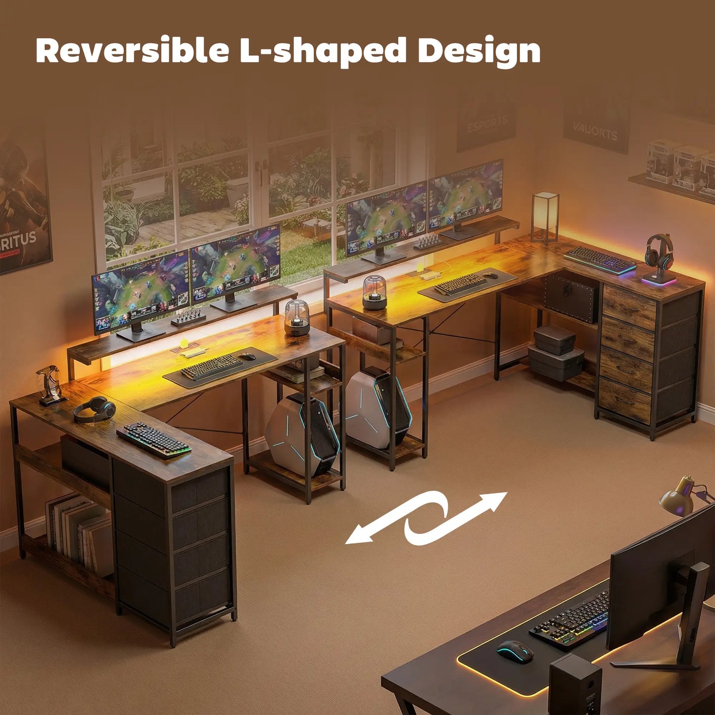 Bureau de jeu avec prises électriques, lumières LED, bureau d'ordinateur avec tiroirs, support pour moniteur 61" brun rustique