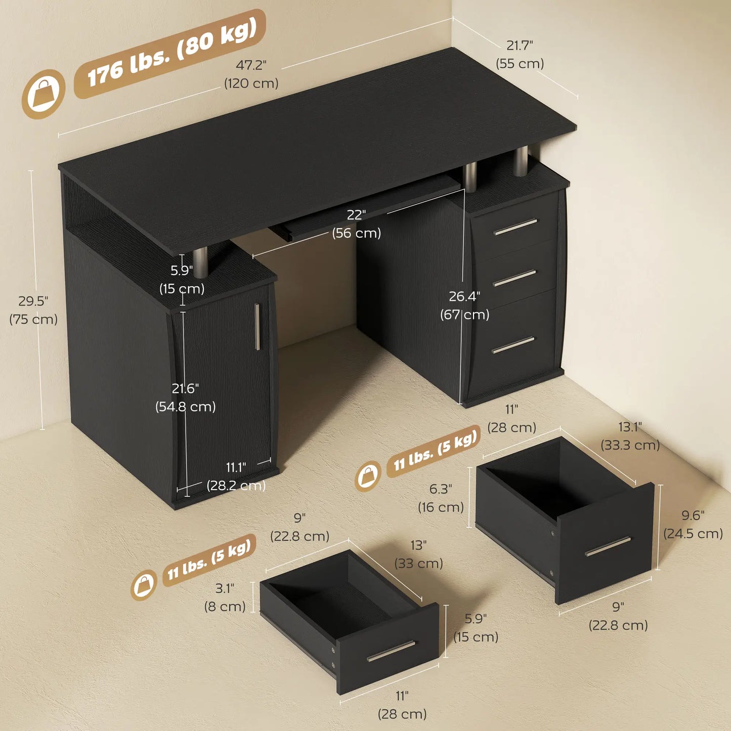 Bureau informatique de 47 pouces avec plateau pour clavier et tiroirs de rangement, table de poste de travail pour bureau à domicile avec étagères de rangement