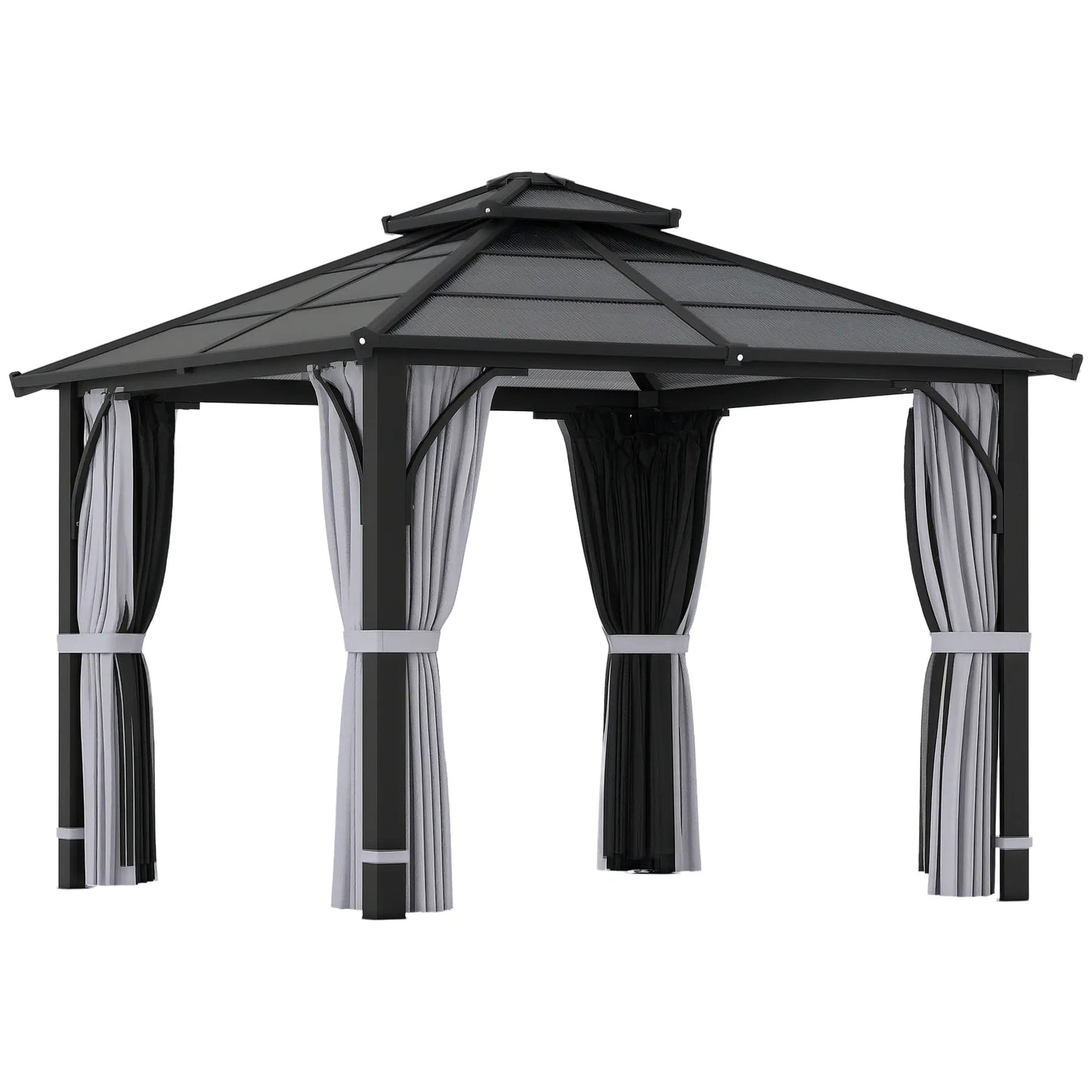 Gazebo rigide avec toit double en polycarbonate de 7 mm, gazebo d'extérieur avec moustiquaire et rideaux, gris foncé
