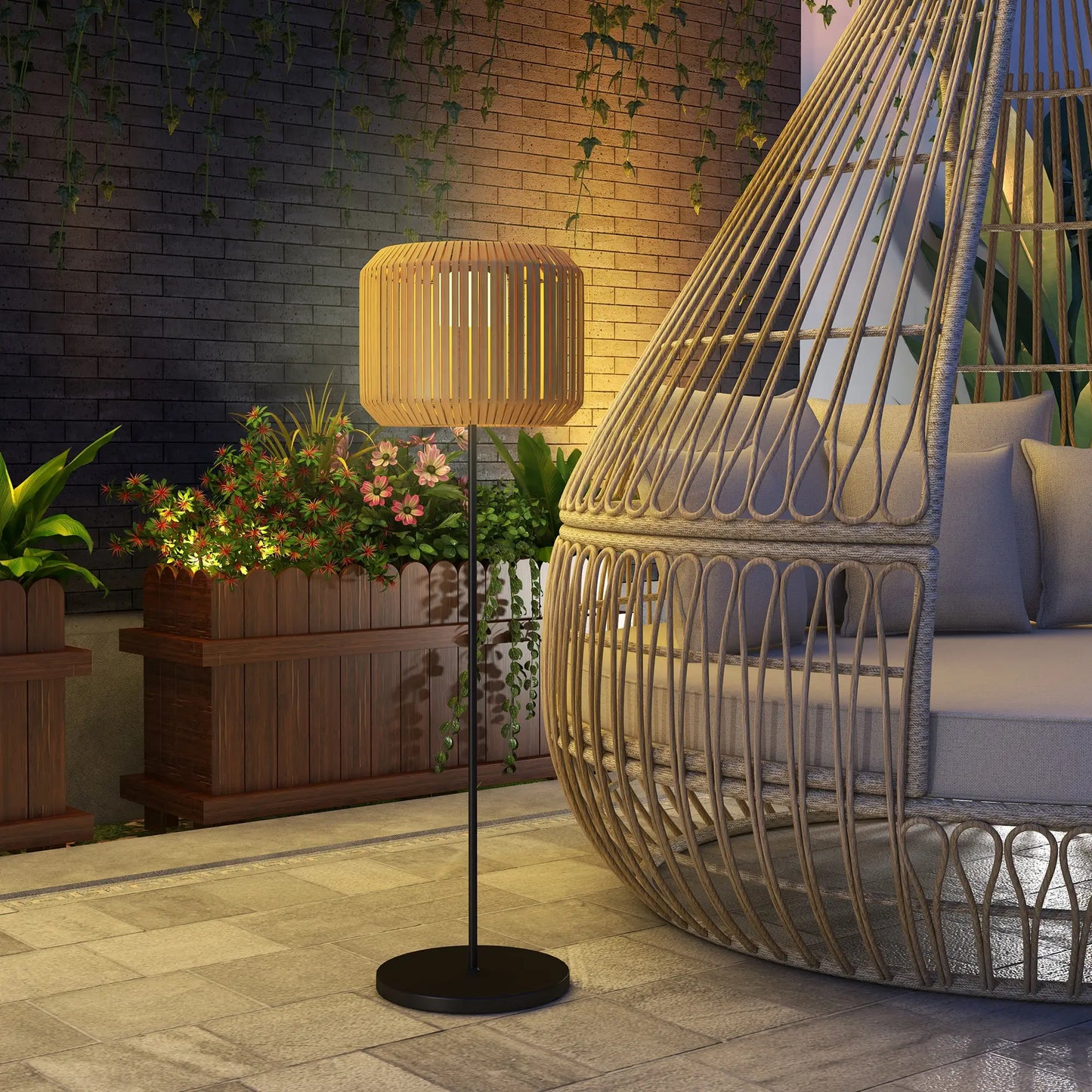 Lampe sur pied d'extérieur en osier, lanterne solaire sans fil avec lumières LED auto On/Off, IP44 pour patio, porche, chemin