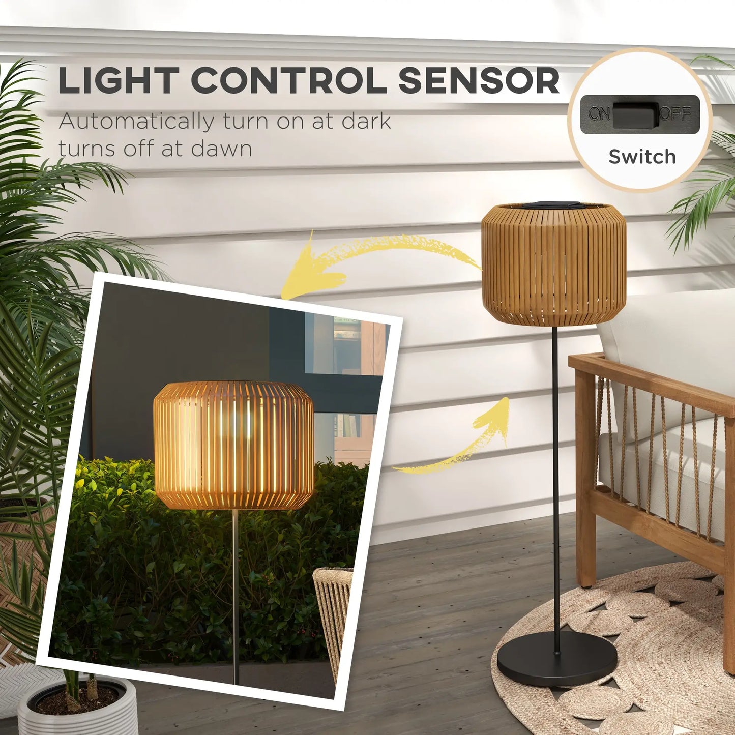 Lampe sur pied d'extérieur en osier, lanterne solaire sans fil avec lumières LED auto On/Off, IP44 pour patio, porche, chemin