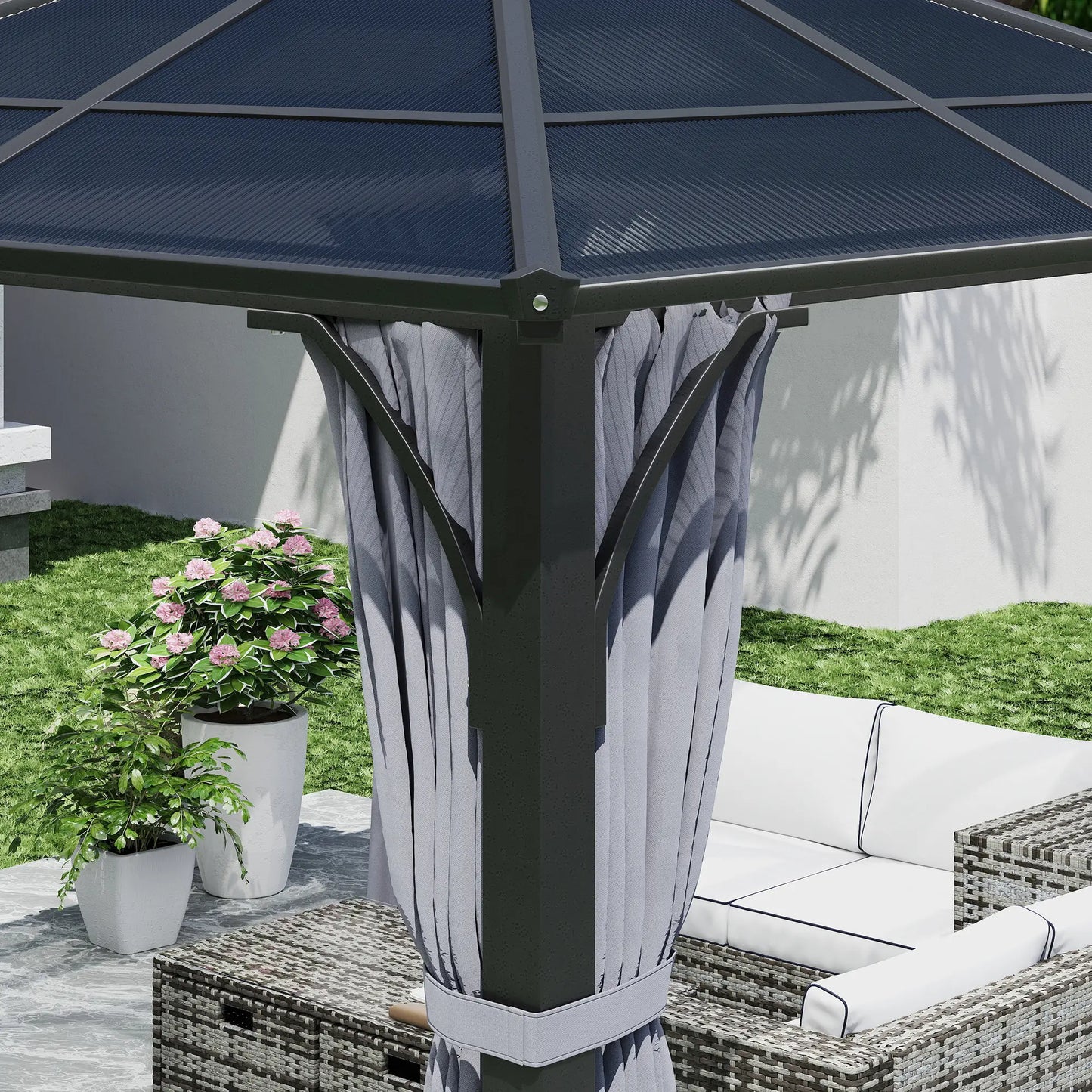 Gazebo rigide avec toit double en polycarbonate de 7 mm, gazebo d'extérieur avec moustiquaire et rideaux, gris foncé