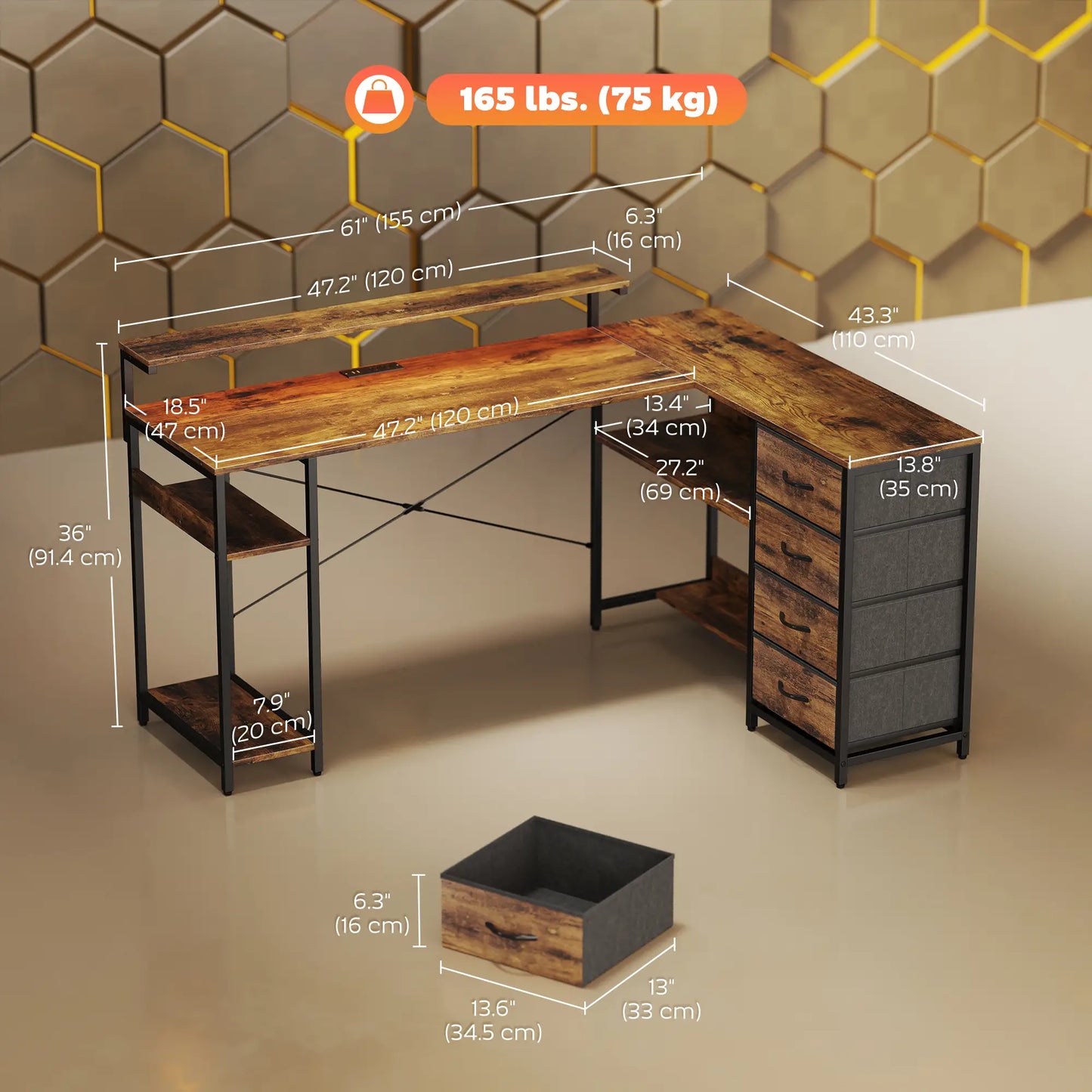 Bureau de jeu avec prises électriques, lumières LED, bureau d'ordinateur avec tiroirs, support pour moniteur 61" brun rustique