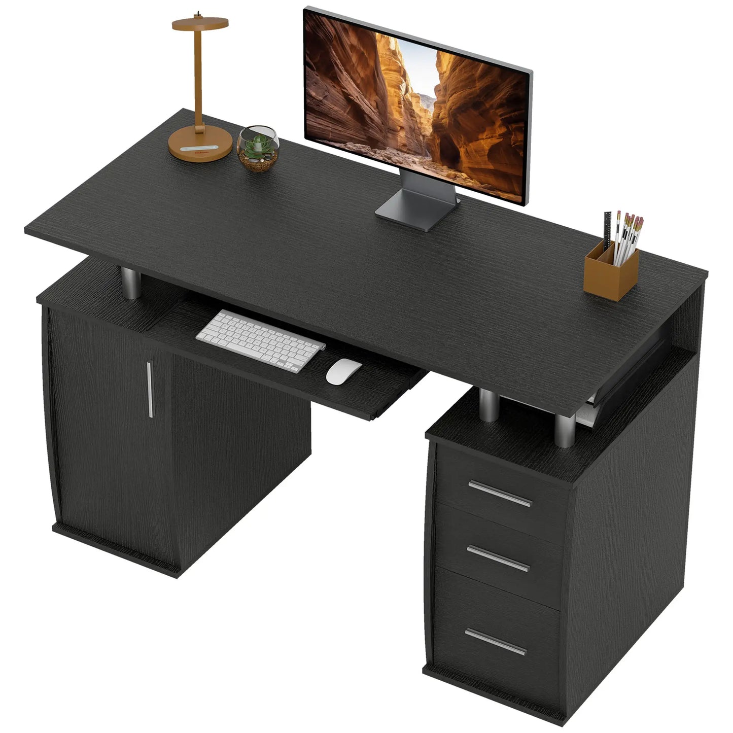 Bureau informatique de 47 pouces avec plateau pour clavier et tiroirs de rangement, table de poste de travail pour bureau à domicile avec étagères de rangement