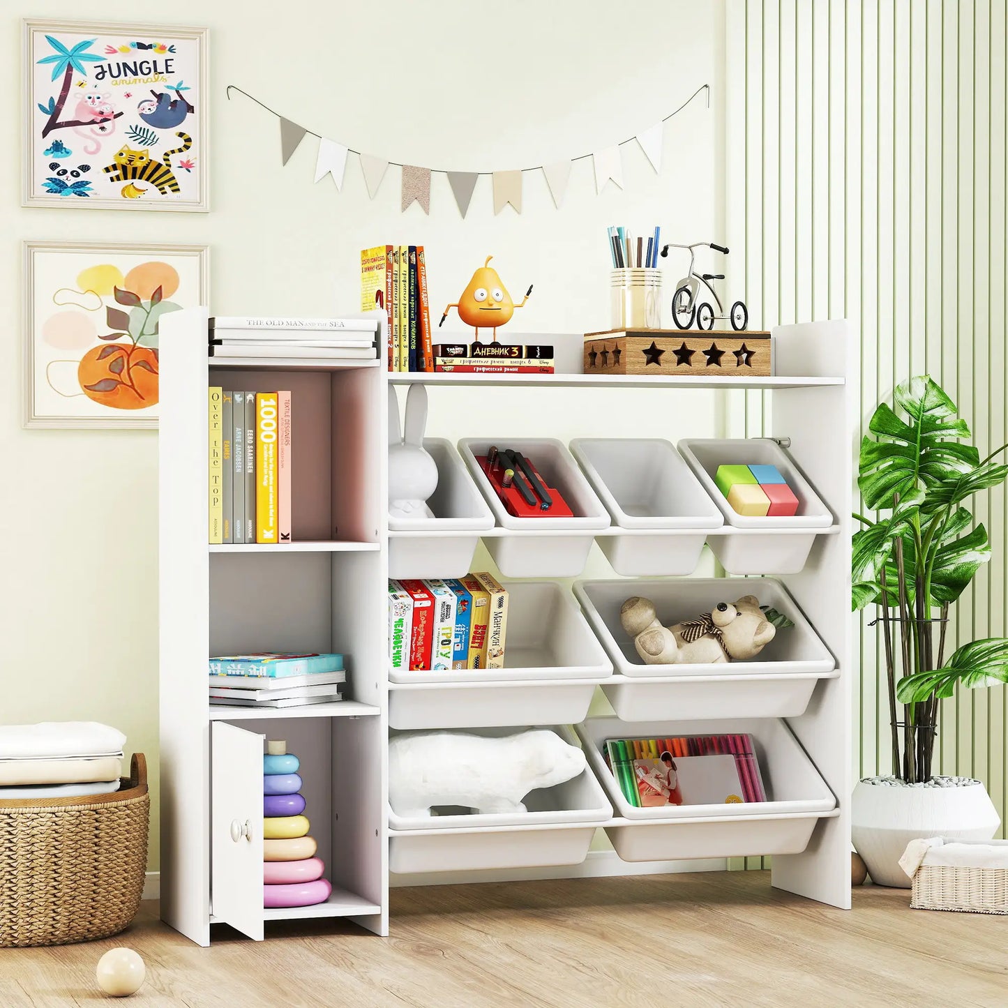 Bibliothèque et organiseur de jouets pour enfants, étagère pour livres avec 8 bacs amovibles, meuble pour salle de jeux, chambre d'enfant, nursery