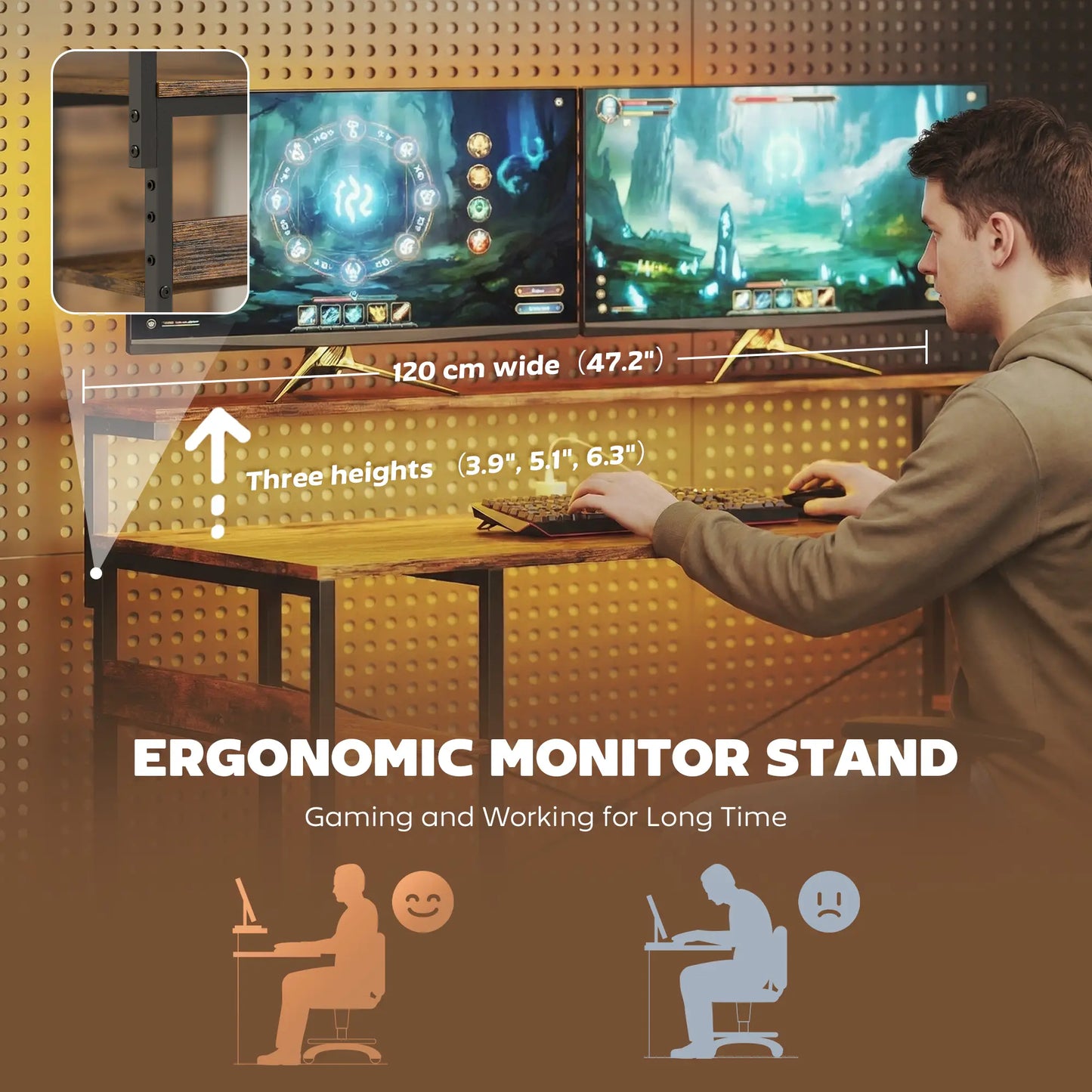 Bureau de jeu avec prises électriques, lumières LED, bureau d'ordinateur avec tiroirs, support pour moniteur 61" brun rustique