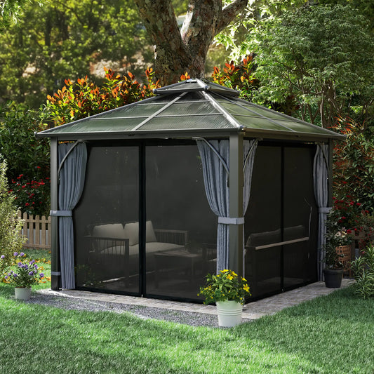 Gazebo rigide avec toit double en polycarbonate de 7 mm, gazebo d'extérieur avec moustiquaire et rideaux, gris foncé