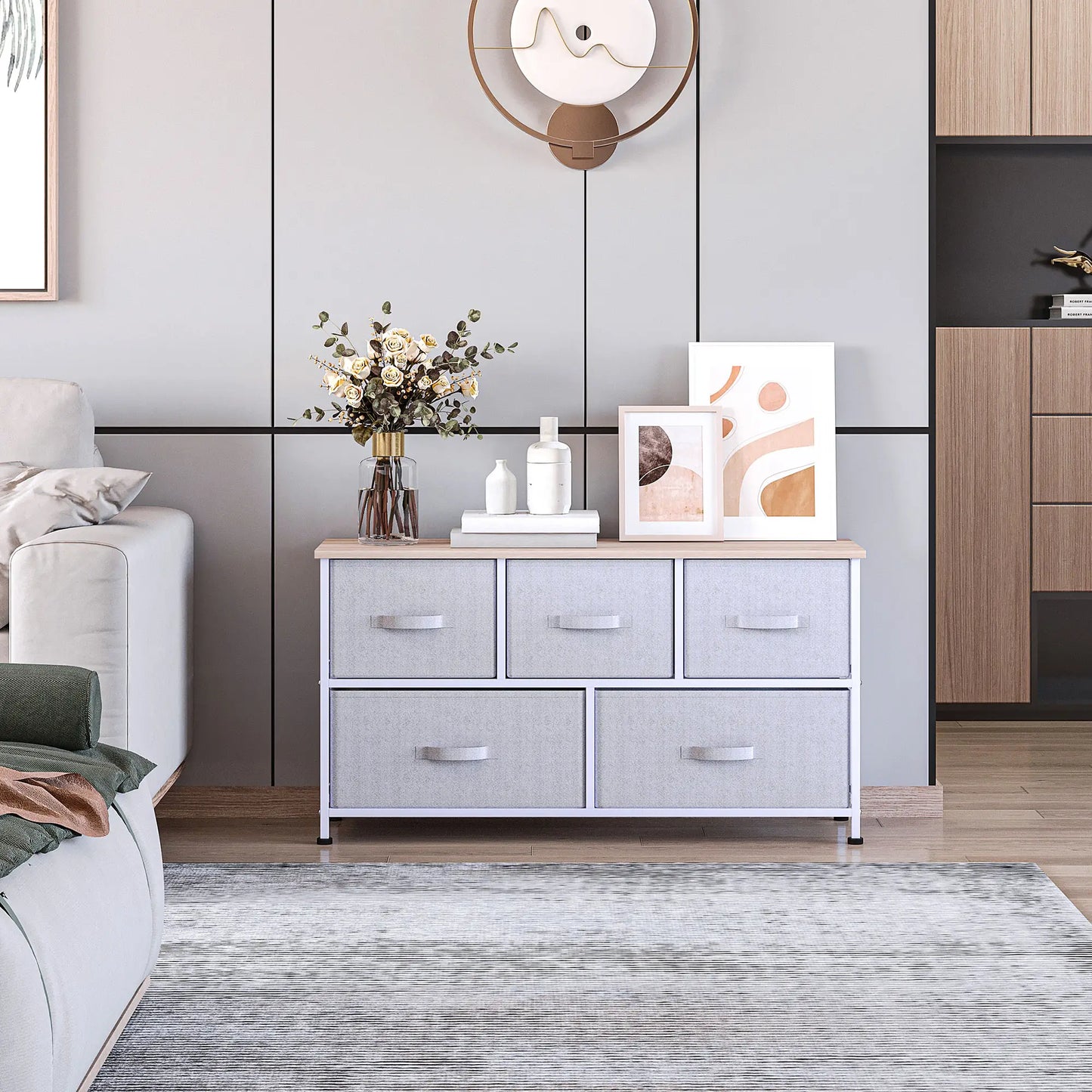 Organisateur de Tiroirs en Lin pour Commode avec 5 Tiroirs Amovibles, Cadre Métallique, Pieds Réglables pour Salon, Cuisine, Salle de Bain