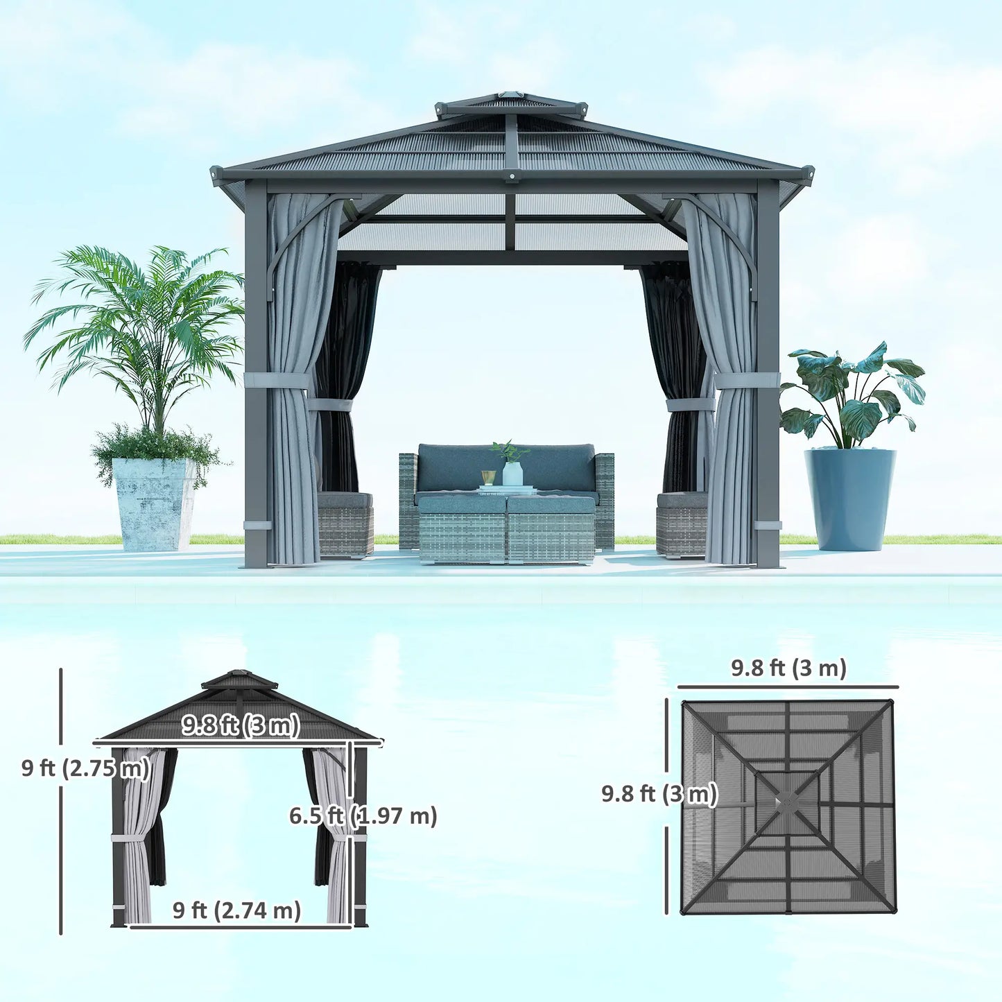 Gazebo rigide avec toit double en polycarbonate de 7 mm, gazebo d'extérieur avec moustiquaire et rideaux, gris foncé