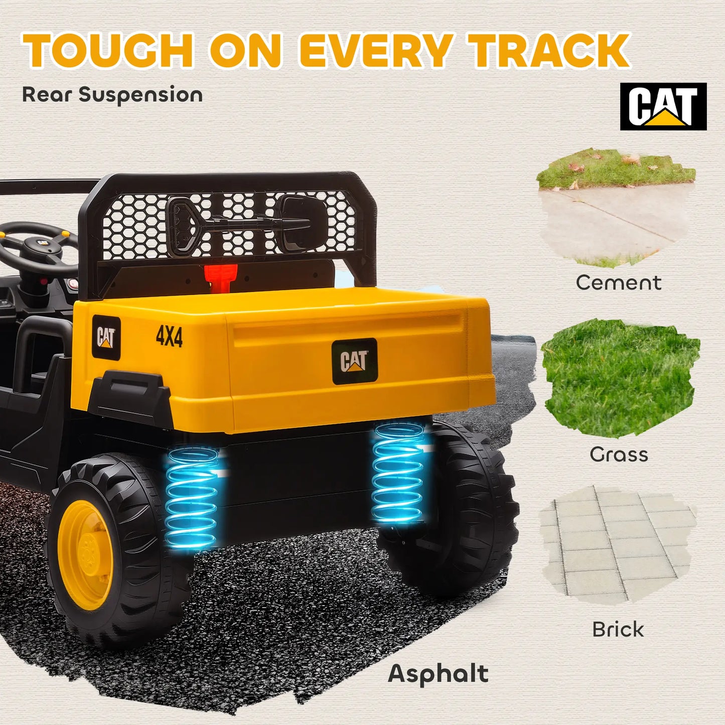 Tracteur électrique Caterpillar 24 V pour enfants, 4x4, 2 places, sous licence, avec télécommande et benne basculante, jaune.