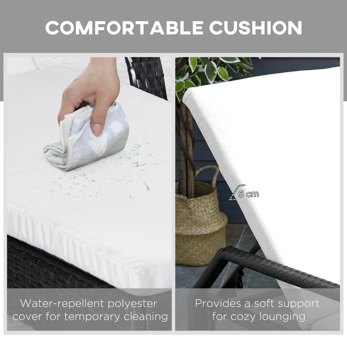 Ensemble de salon de jardin en rotin blanc comprenant une chaise longue à roulettes en osier et une table avec plateau en verre trempé.