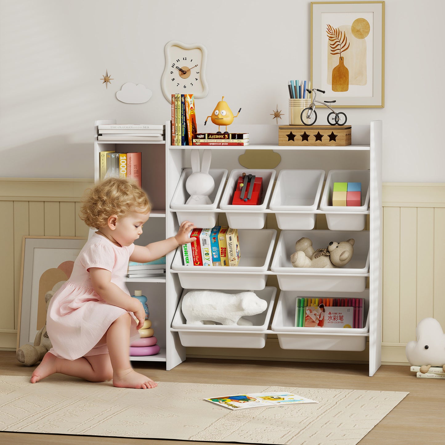 Bibliothèque et organiseur de jouets pour enfants, étagère pour livres avec 8 bacs amovibles, meuble pour salle de jeux, chambre d'enfant, nursery